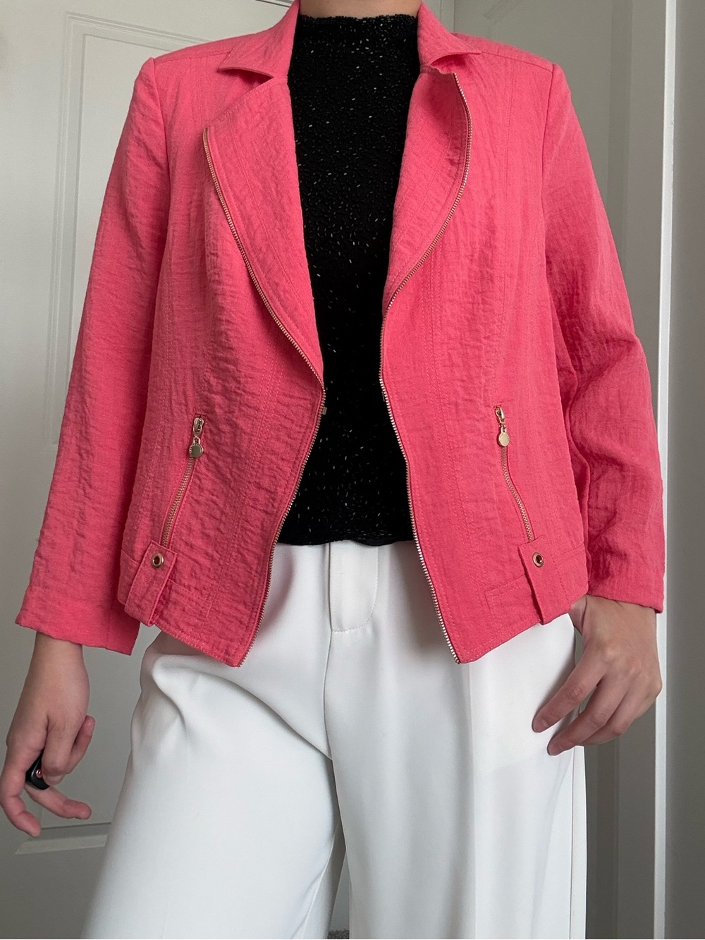 Coral Pink Textured Zip-Detail Blazer